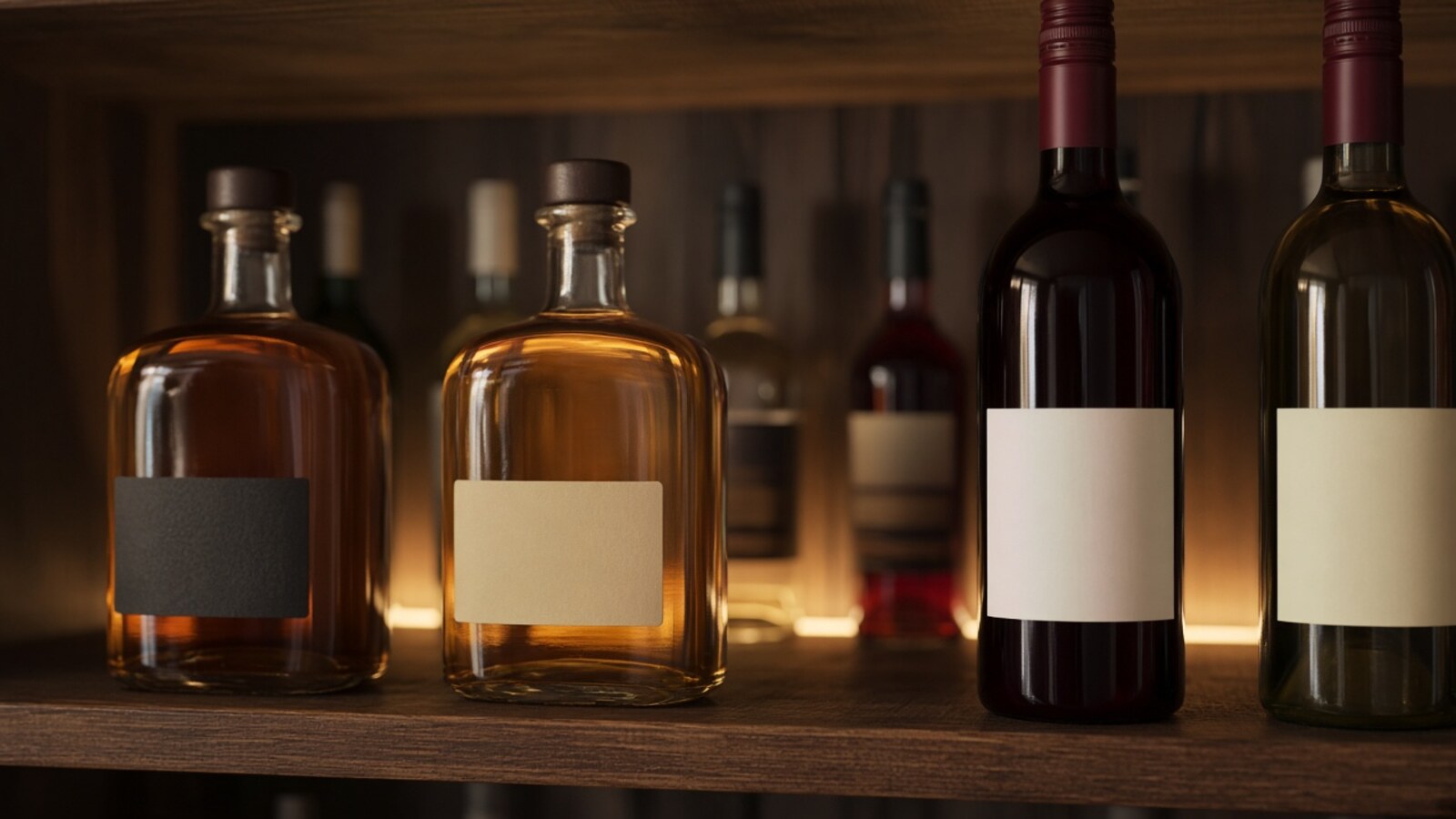 Bottles of Canadian spirits and wine on a bar shelf