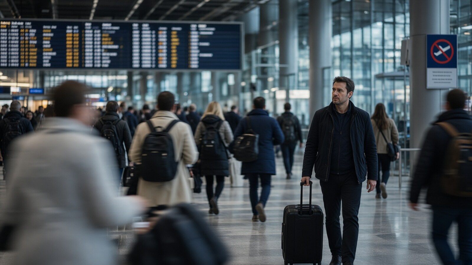 Busy international airport departures hall with blurred travelers