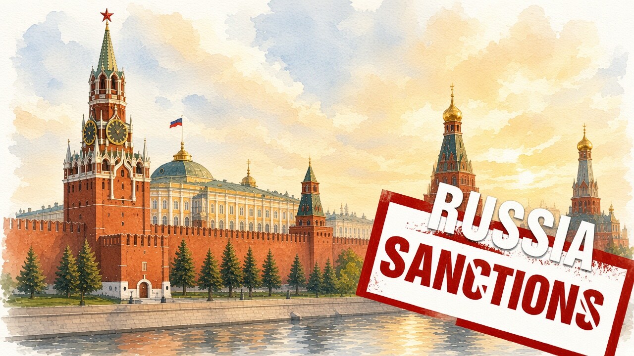 Un tampon portant la mention Russia sanctions sur une vue du Kremlin
