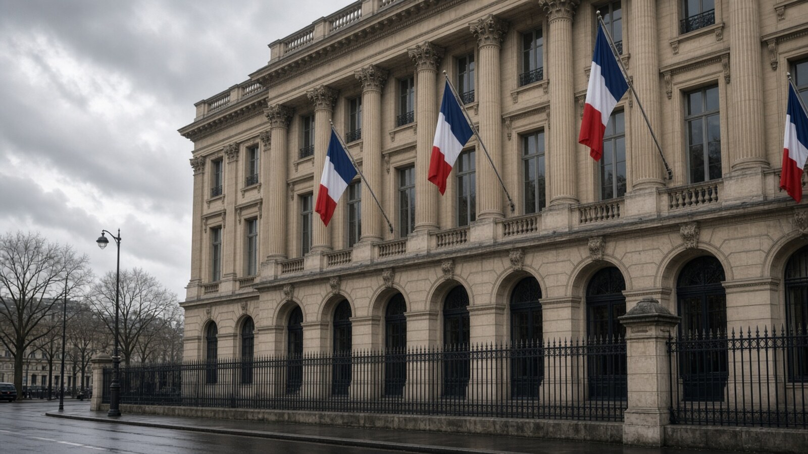 Historic French financial institution exterior with French flags