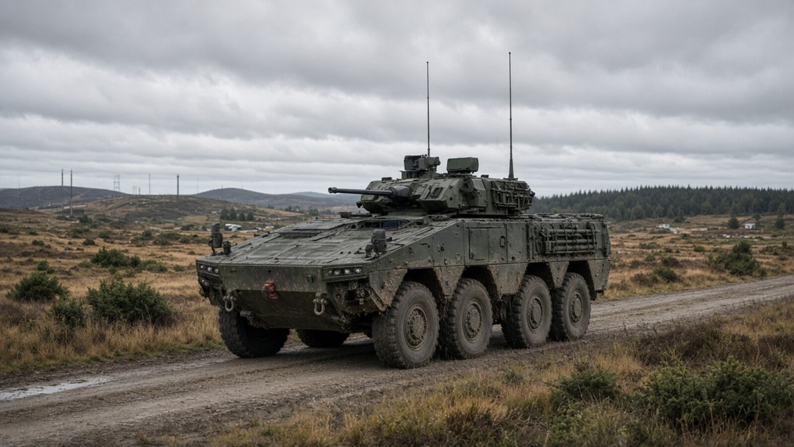German armored vehicle on a European training ground under grey sky