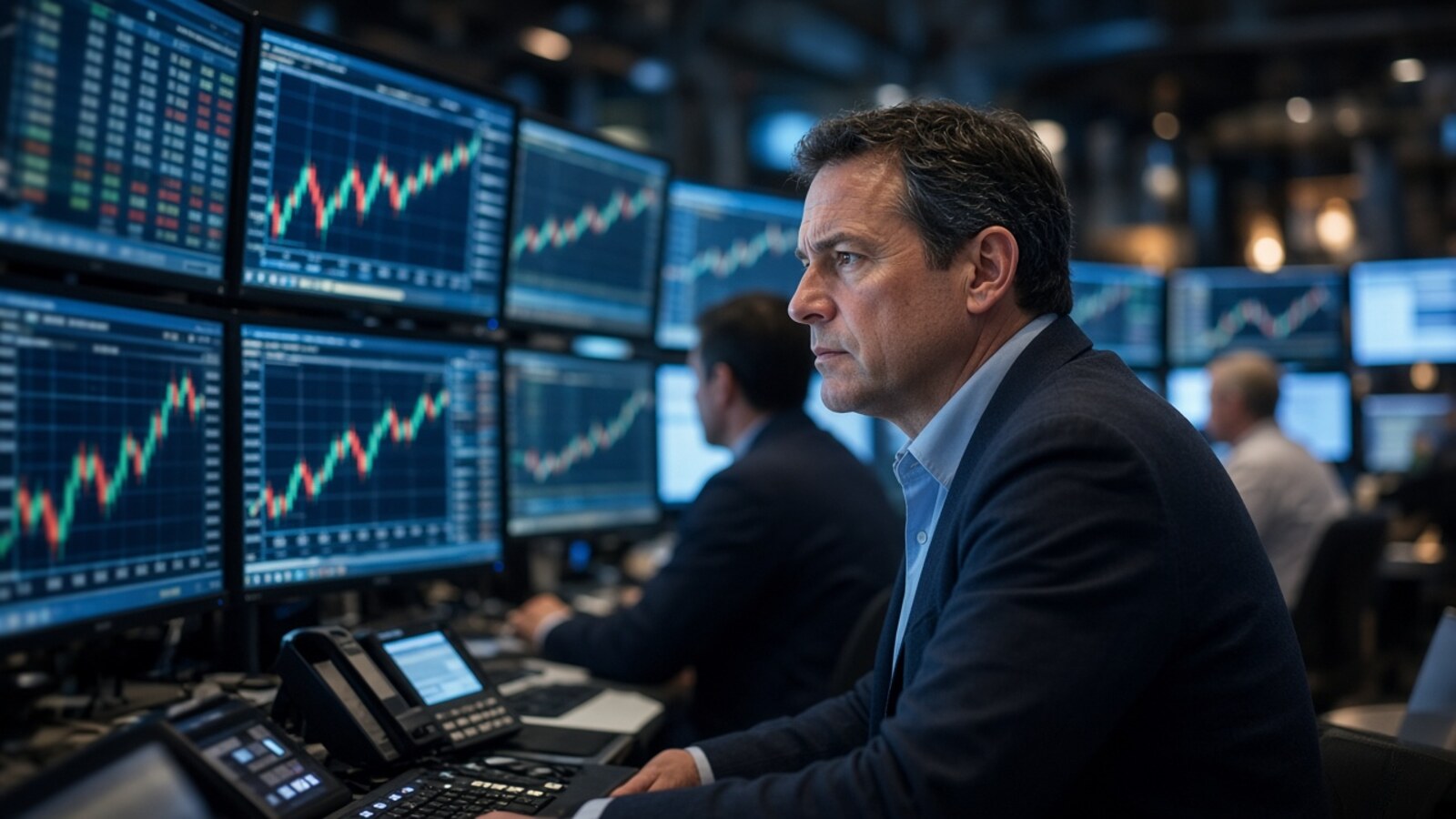 Trading desk monitors showing market charts in blue light