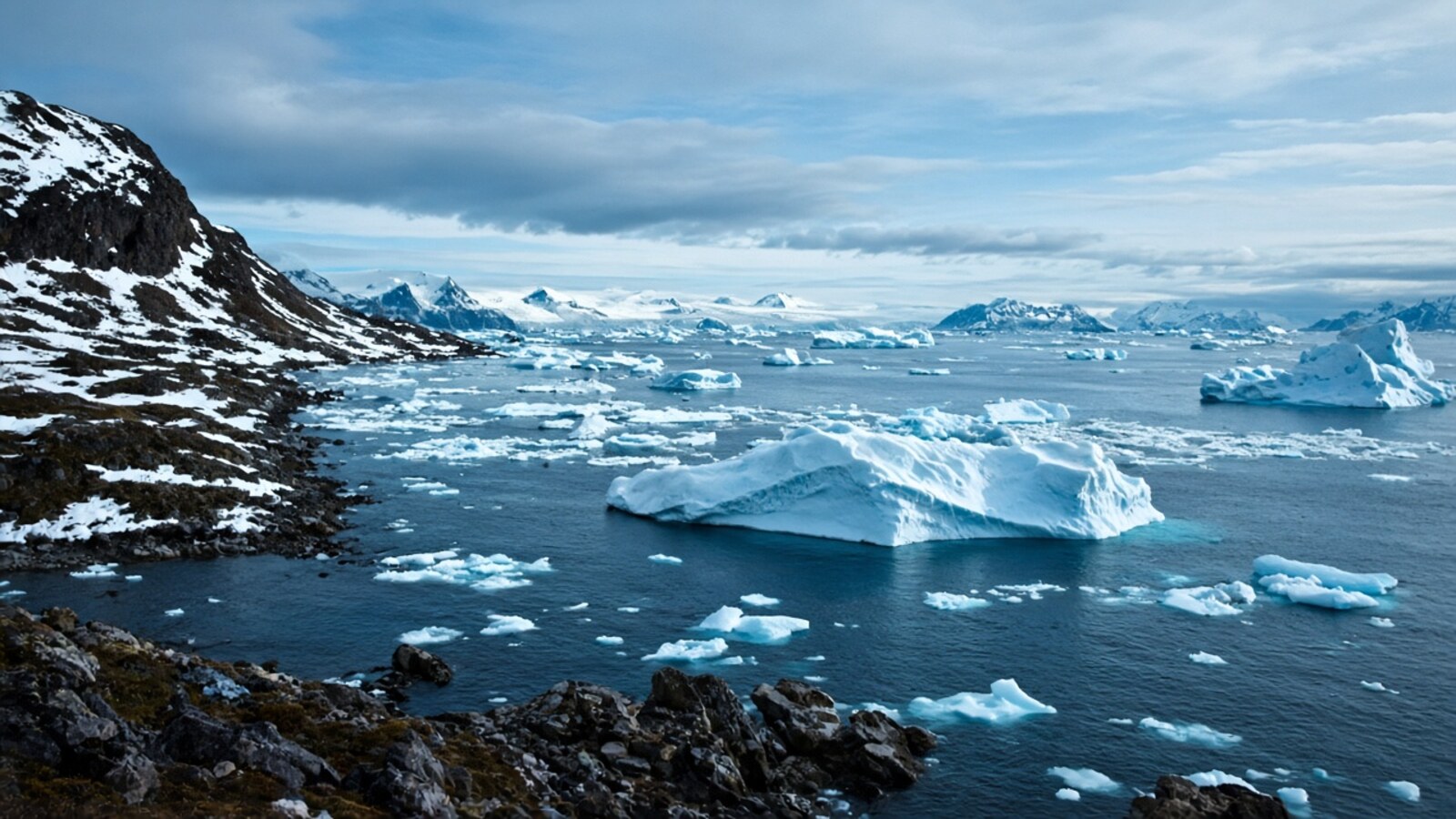 Greenland arctic coastline with icebergs under cold daylight
