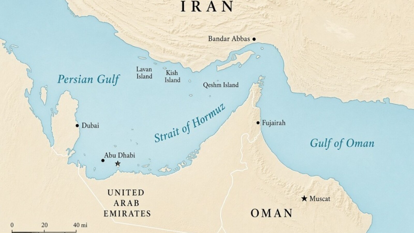 Map of the Strait of Hormuz between Iran, the UAE and Oman, linking the Persian Gulf and the Gulf of Oman