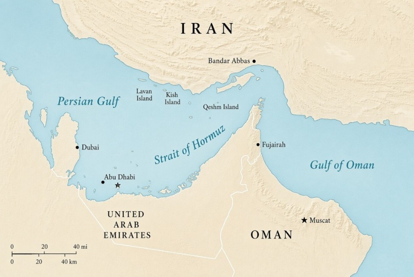 Geographic map of the Strait of Hormuz between Iran, the UAE and Oman, linking the Persian Gulf and the Gulf of Oman.
