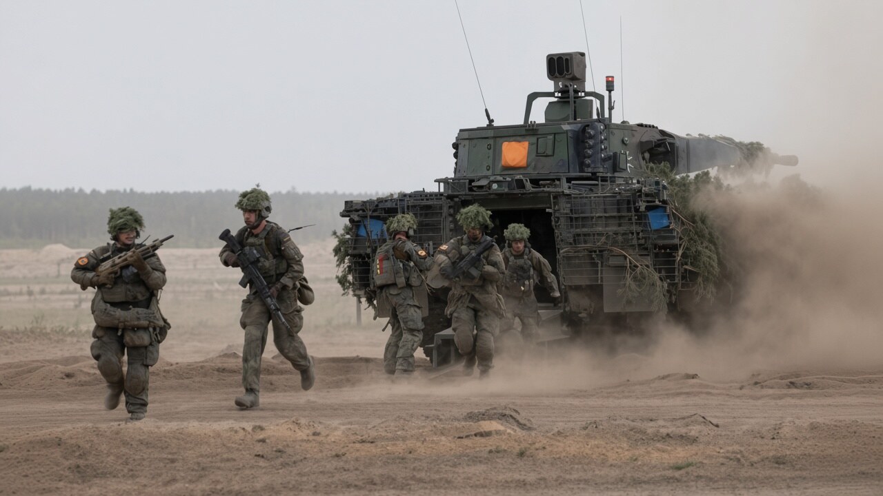 Des soldats avancent avec un véhicule d'infanterie lors d'un exercice de l'OTAN