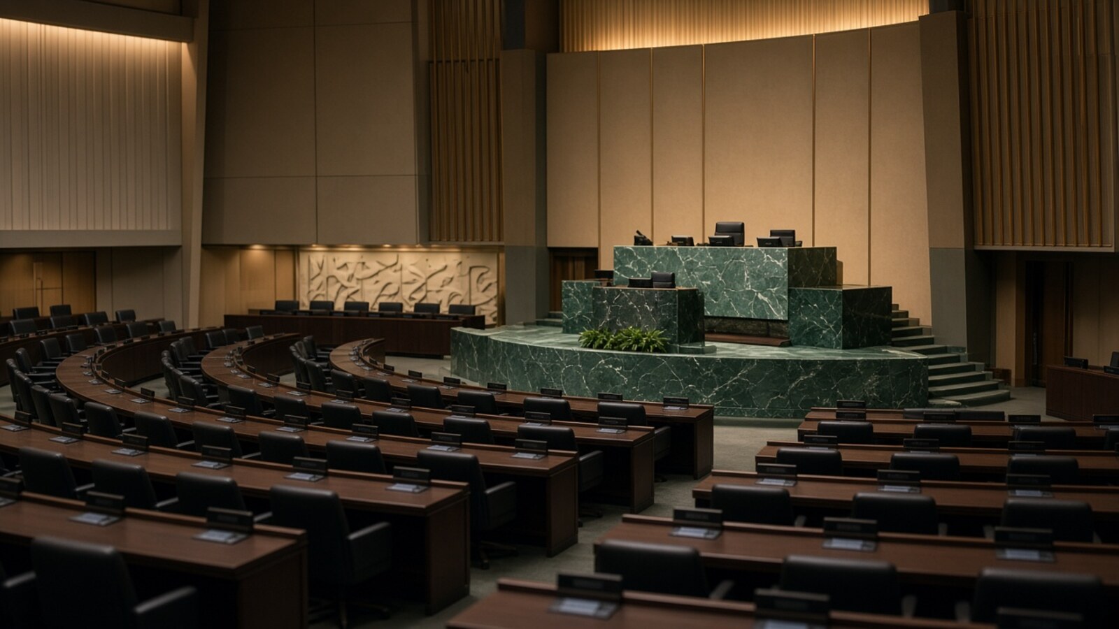 Tribune et sièges vides de la salle de l'Assemblée générale de l'ONU