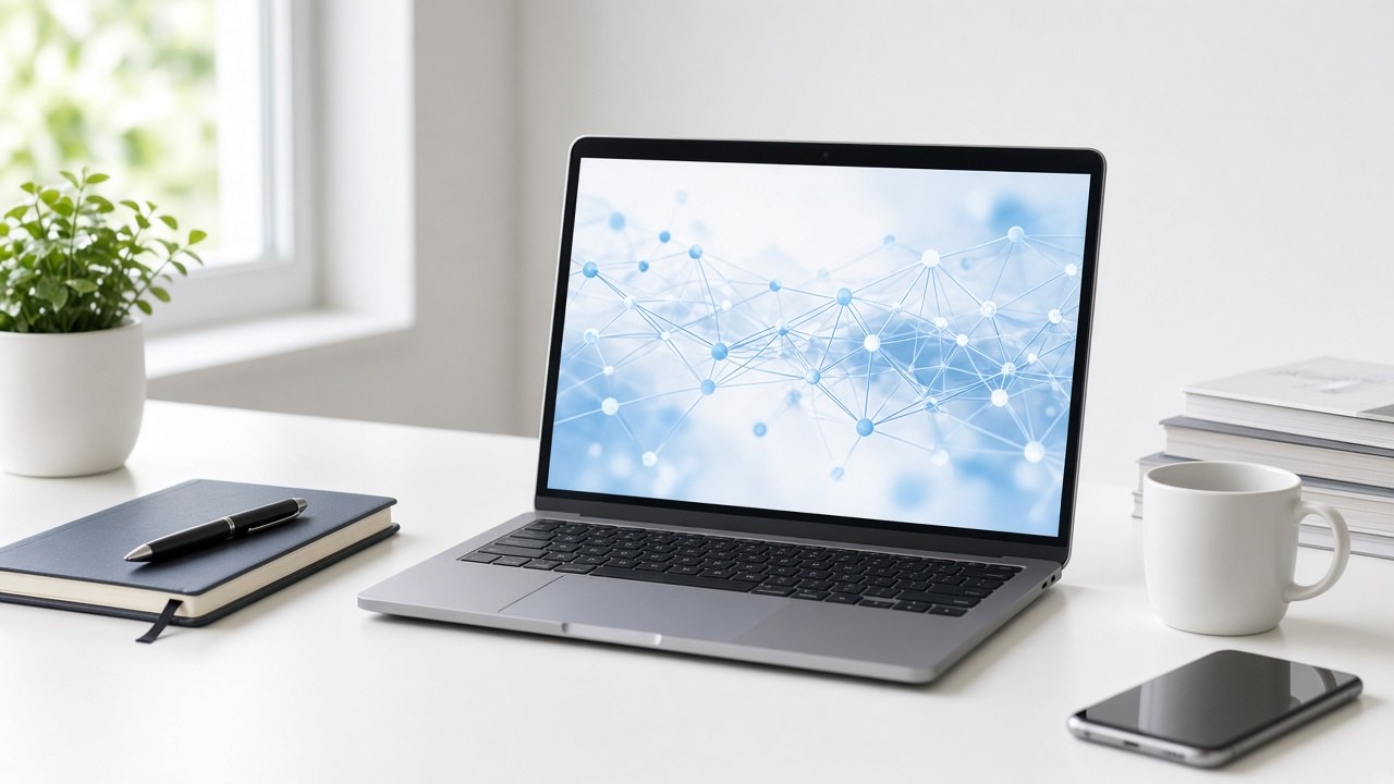 Laptop on a bright desk showing abstract blue neural-network graphics