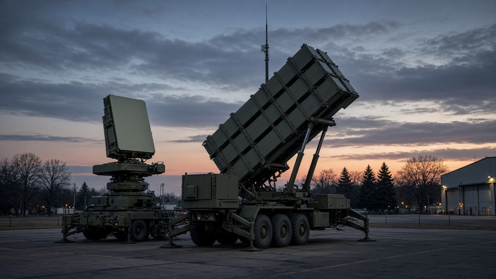 Patriot air-defense launcher on a military base at dusk