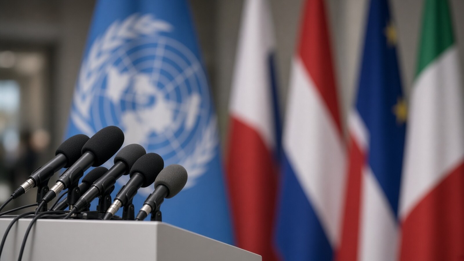 Cluster of press microphones at a diplomatic podium with blurred flags