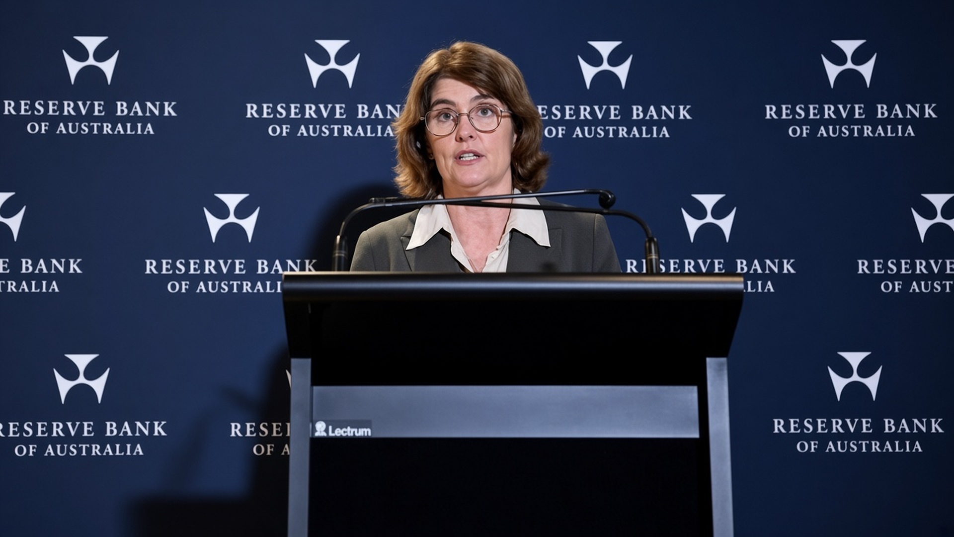 RBA Governor Michele Bullock speaking at a Reserve Bank of Australia podium