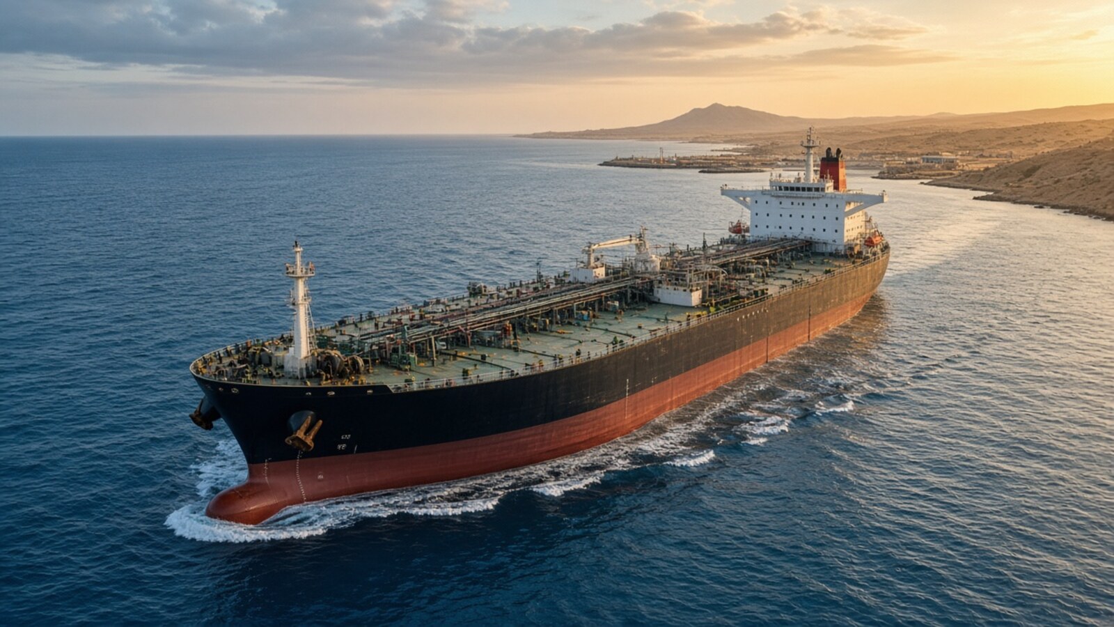 Crude oil tanker at sea near a Middle Eastern coastline