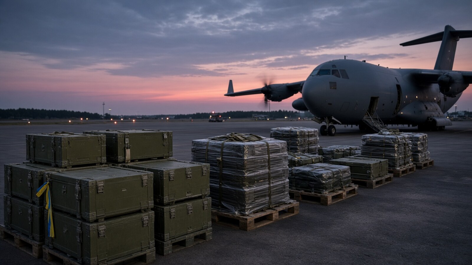 Military aid cargo pallets near a transport aircraft on an airfield at dusk