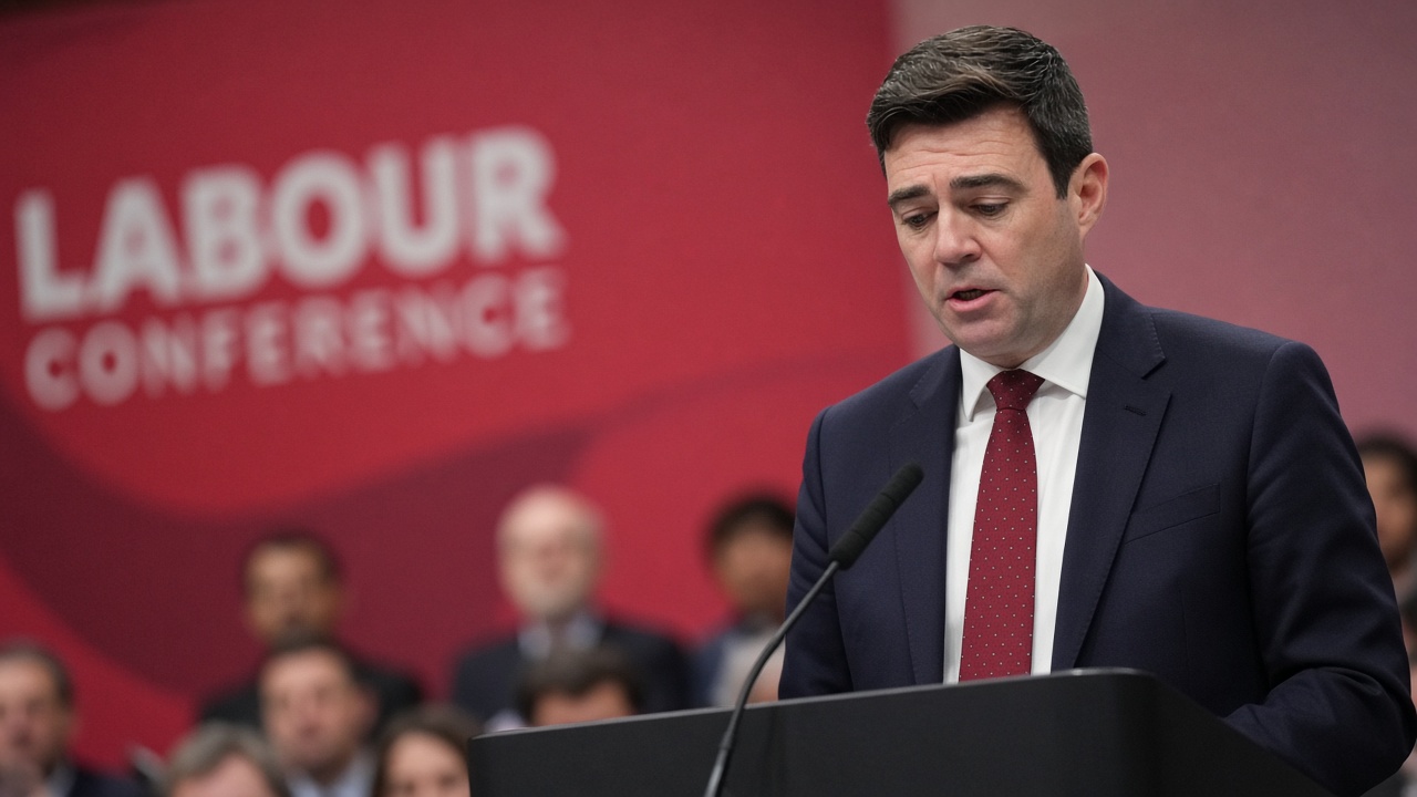 British Labour politician speaking at a party conference podium