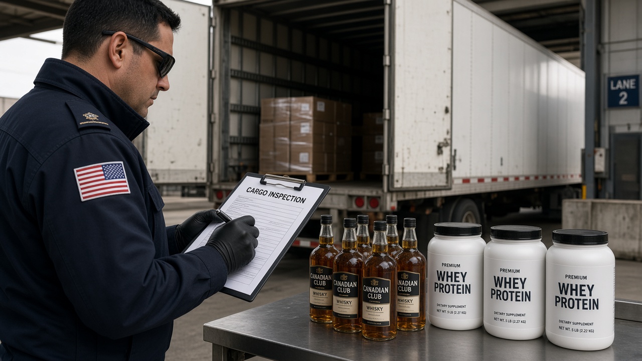 Customs inspection of Canadian whisky bottles and dairy products at a US border freight bay