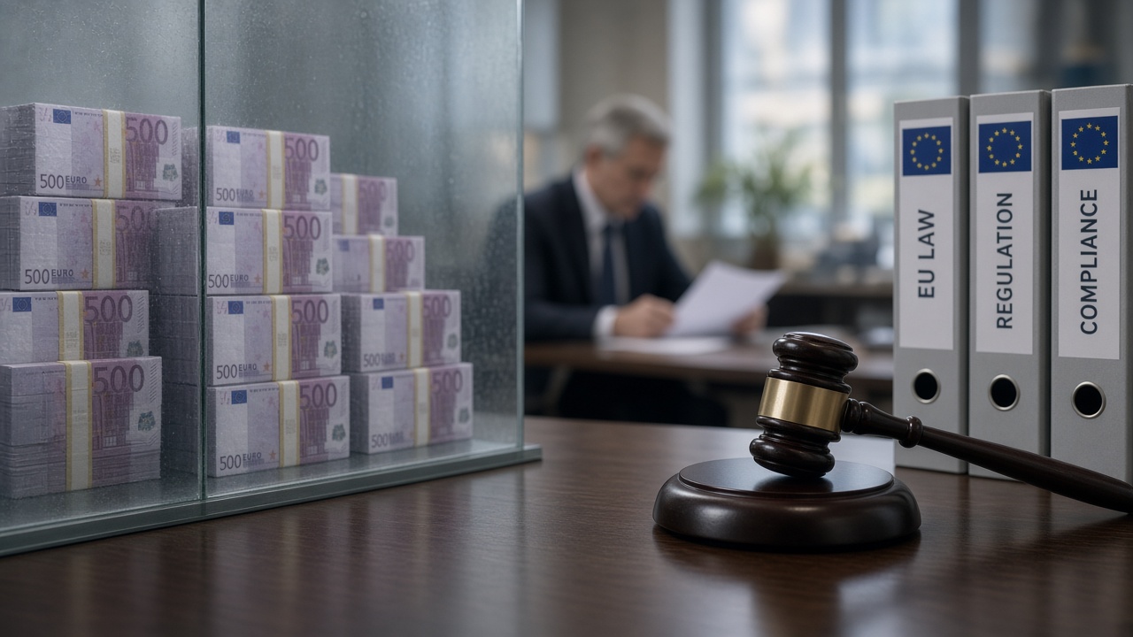 Billetes en euros tras un cristal esmerilado, carpetas legales y mazo en un escritorio en Bruselas