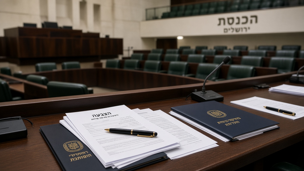 Israeli election ballot papers and committee folders in a Knesset chamber setting