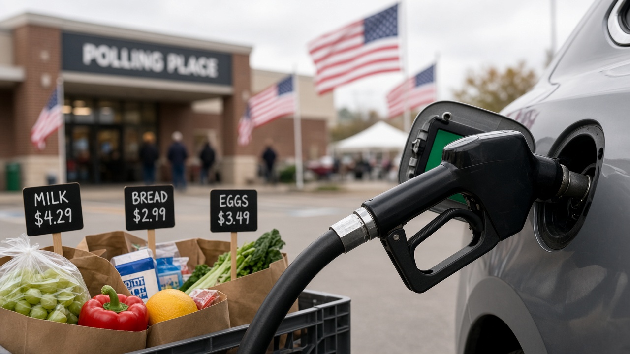 US gas pump and grocery bags near a polling place, midterm economy mood