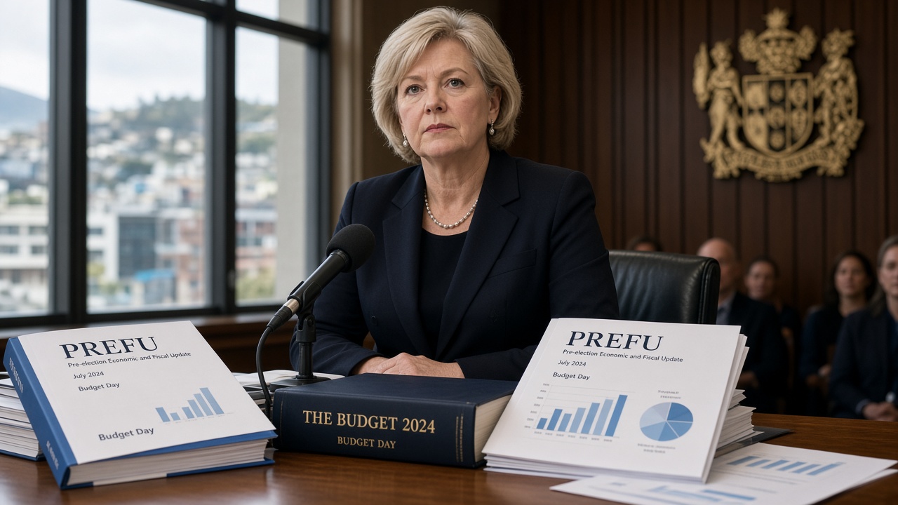 New Zealand finance minister style briefing with budget books and PREFU papers