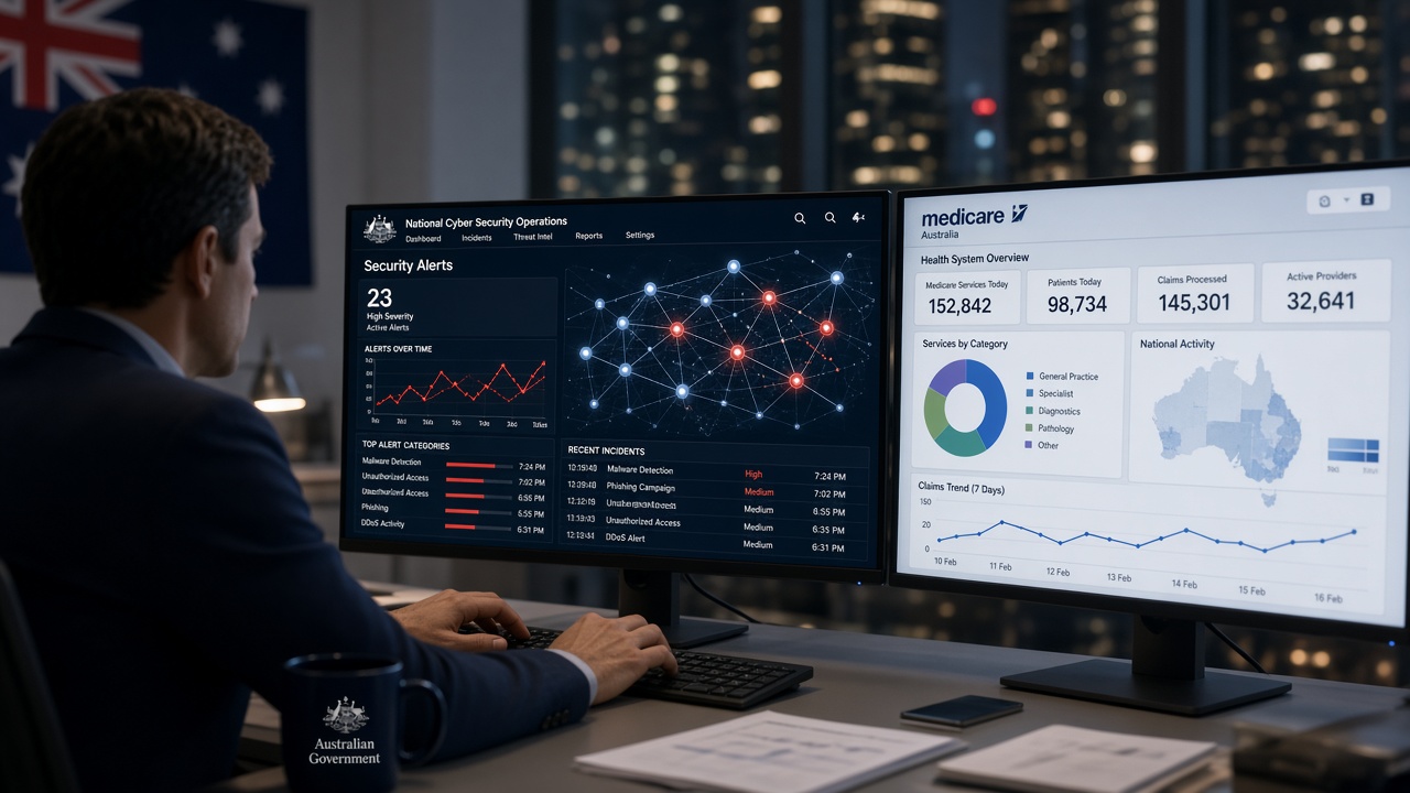 Cyber analyst monitoring network alerts and a blurred health statistics dashboard