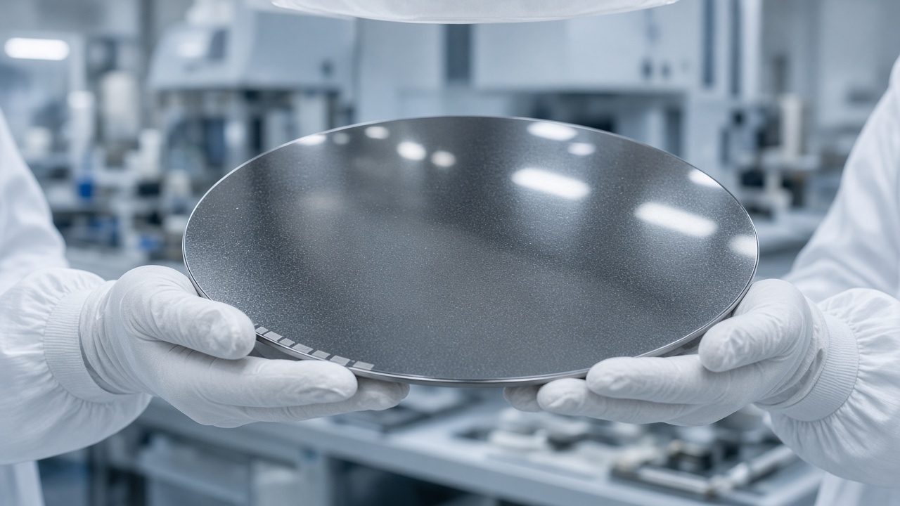 Cleanroom technician holding a large silicon carbide wafer