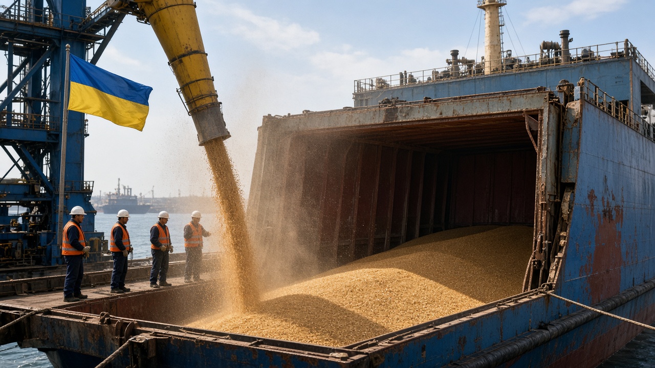 Workers loading wheat into a bulk cargo ship at a Black Sea grain port