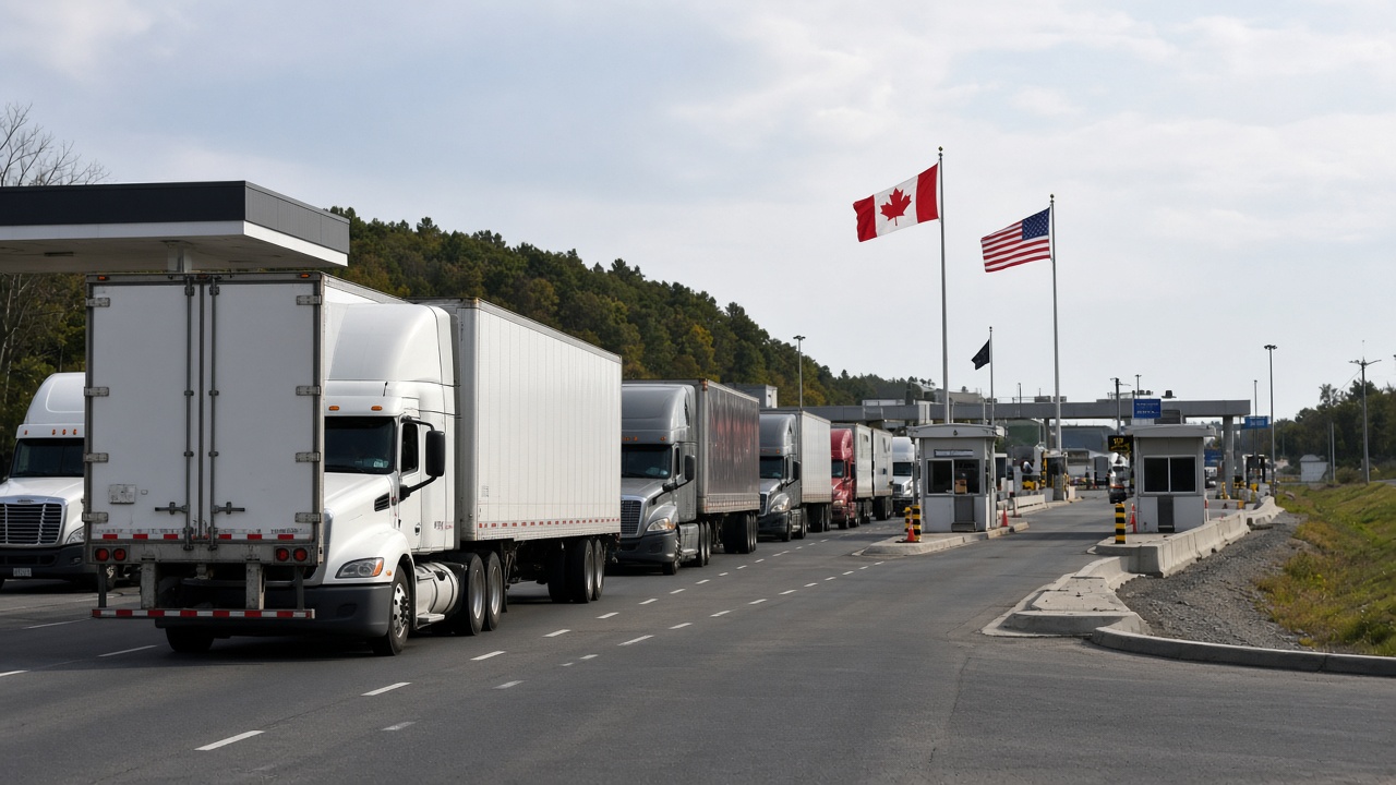 Freight trucks queued at a Canada-US border crossing