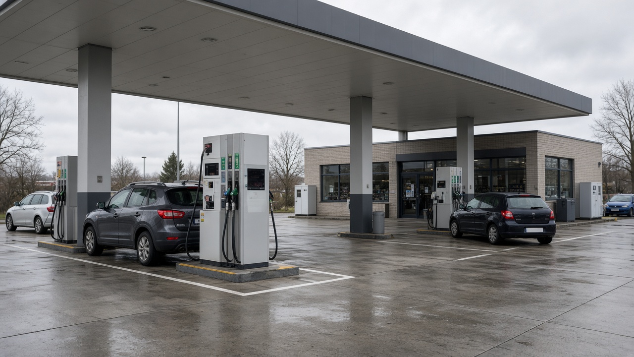 Cars at a European petrol station
