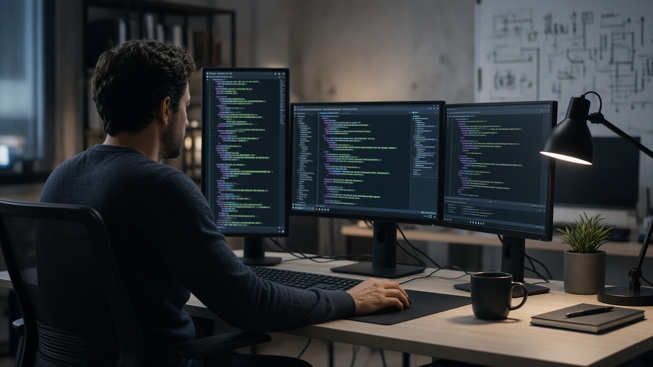 Chercheur en sécurité devant des écrans de code