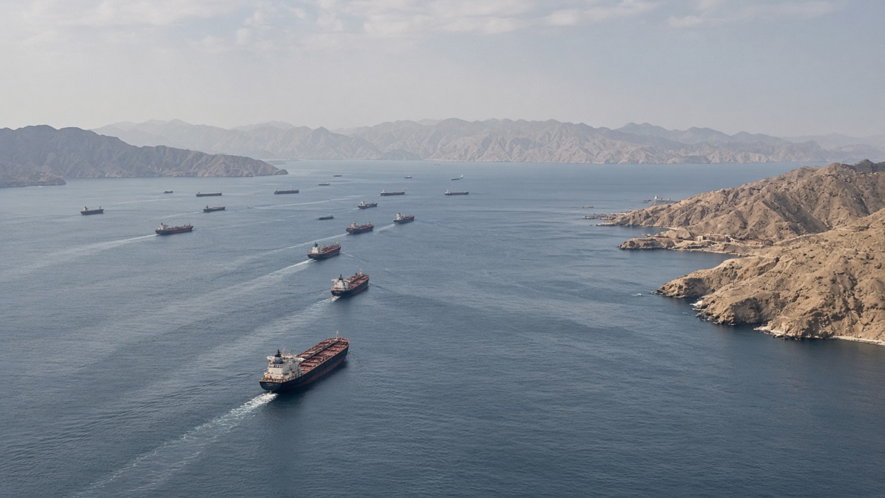 Shipping lane in the Strait of Hormuz with distant tankers