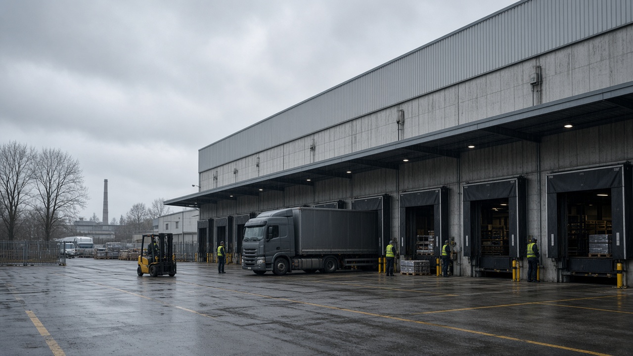European defence factory loading bays under overcast sky