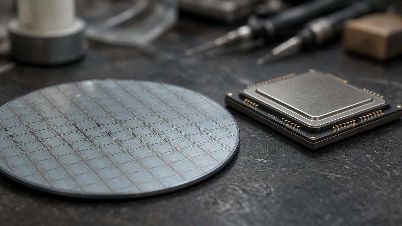 Silicon wafer and chip package on an engineering bench