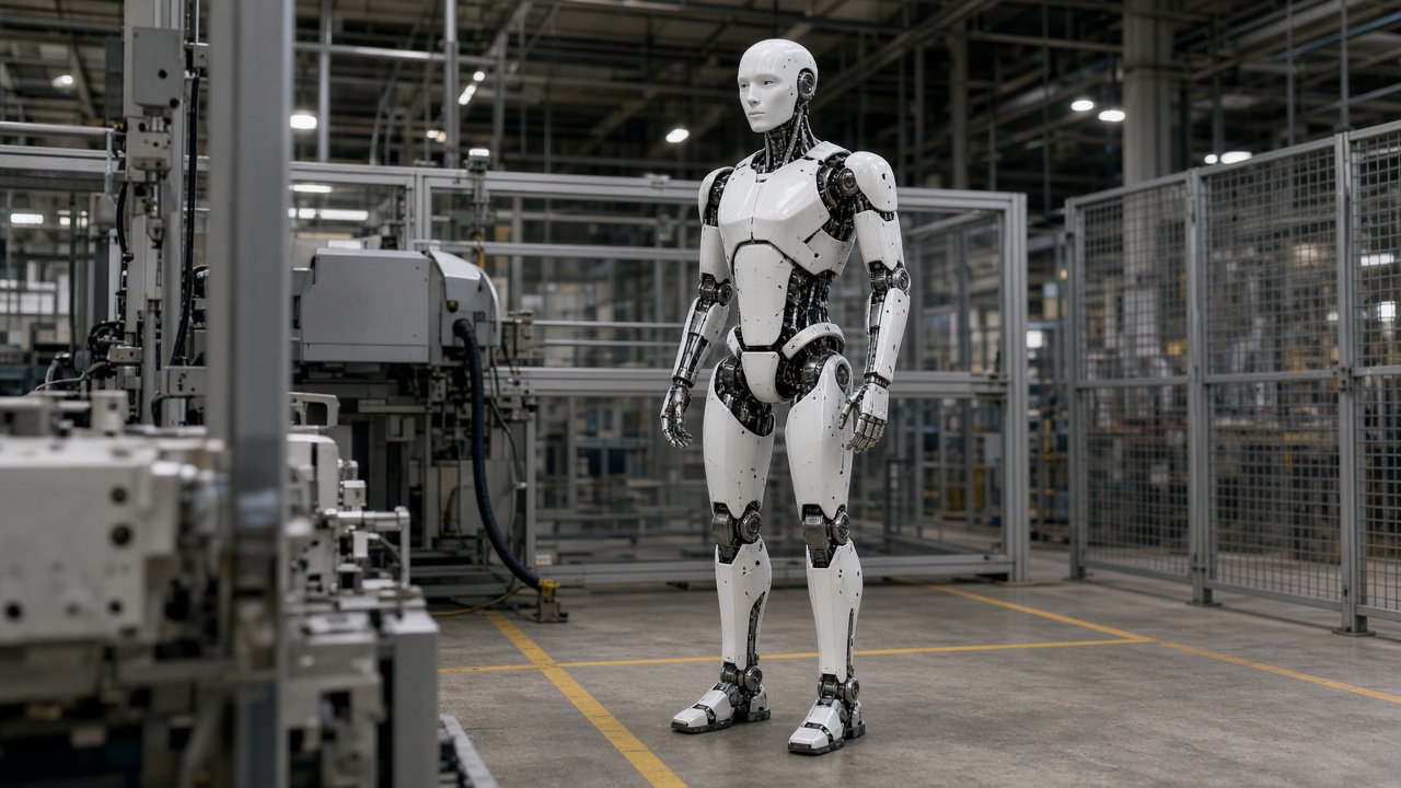 Humanoid robot prototype in a factory test cell
