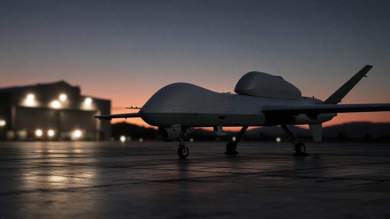 Military drone on a runway at dusk