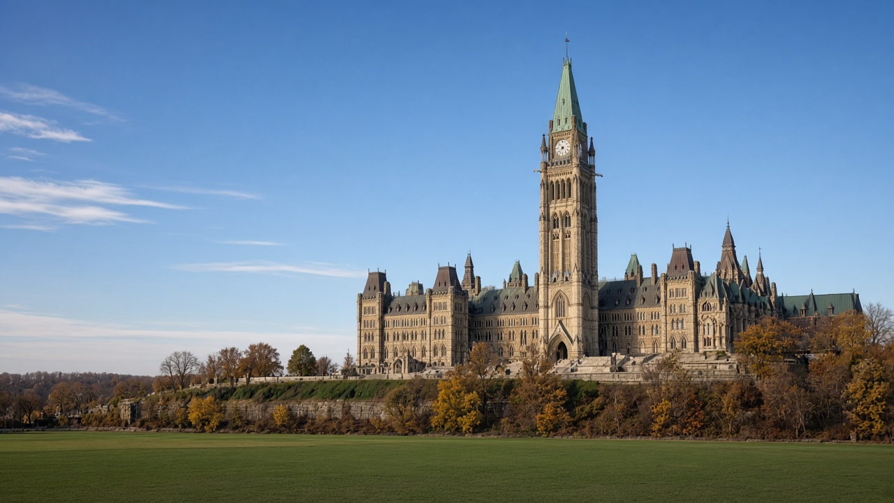 Canadian Parliament buildings in Ottawa under clear autumn light