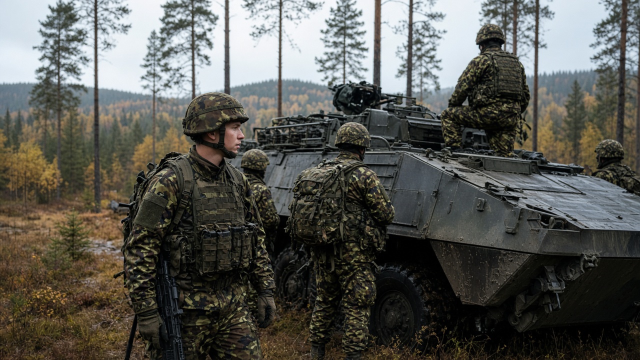 Soldiers and armored vehicles at a northern European base