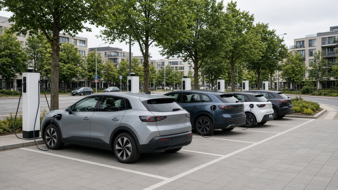 Electric cars at a European charging plaza