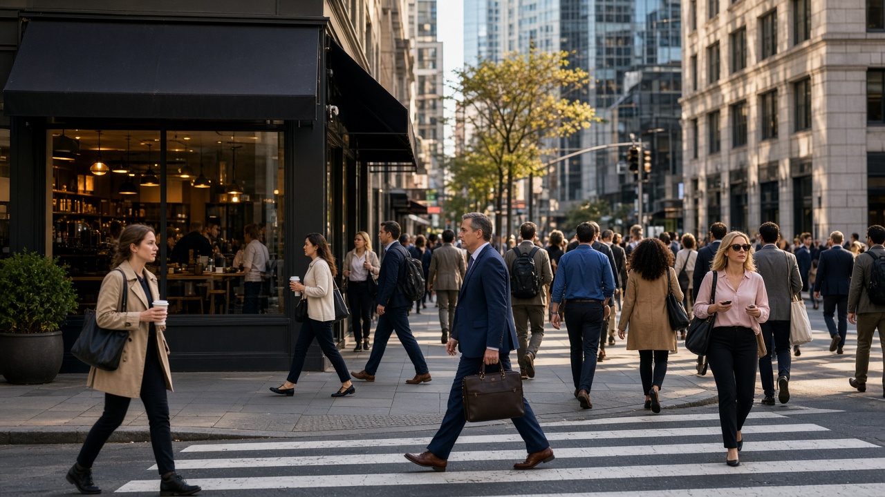 Busy downtown street with storefronts