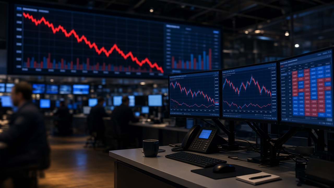Oil price charts on trading floor screens