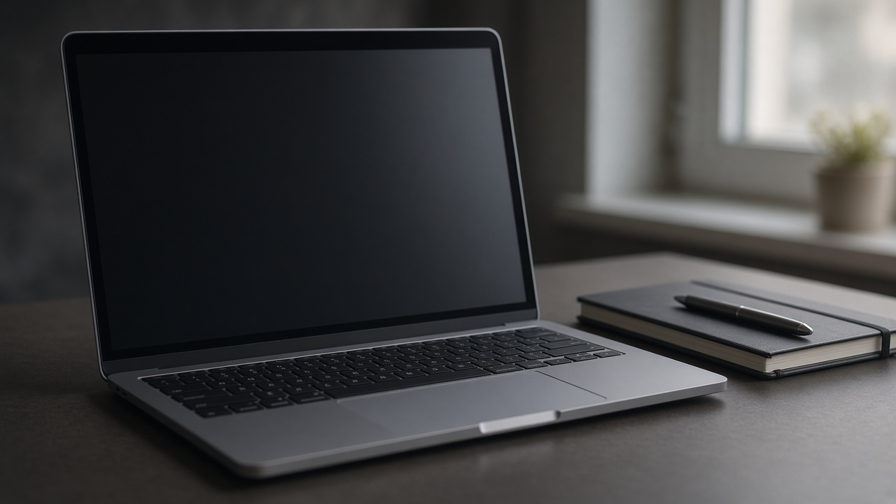 Laptop with blank screen on a desk