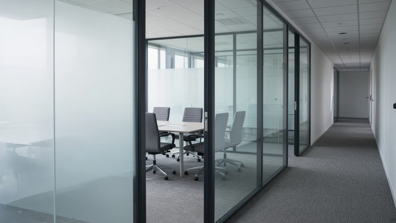 Couloir de bureaux vide avec salles vitrées