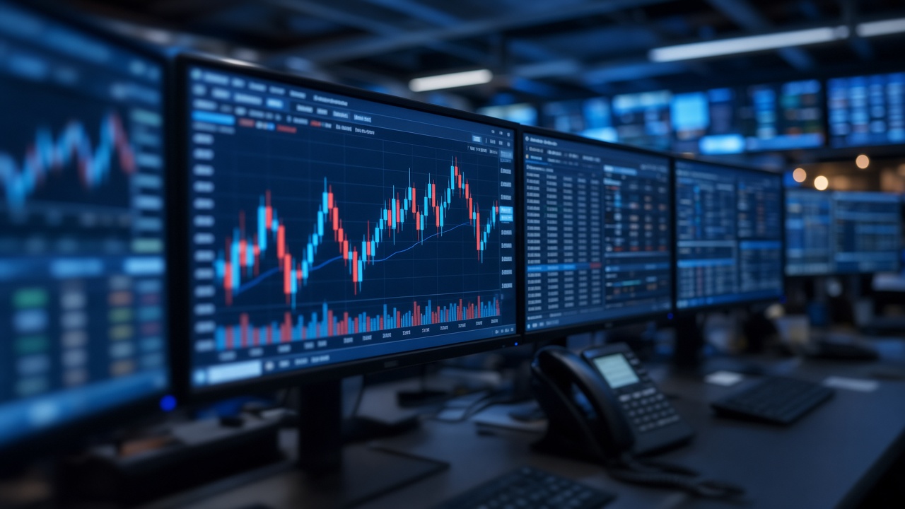 Blurred market screens showing charts in a trading room
