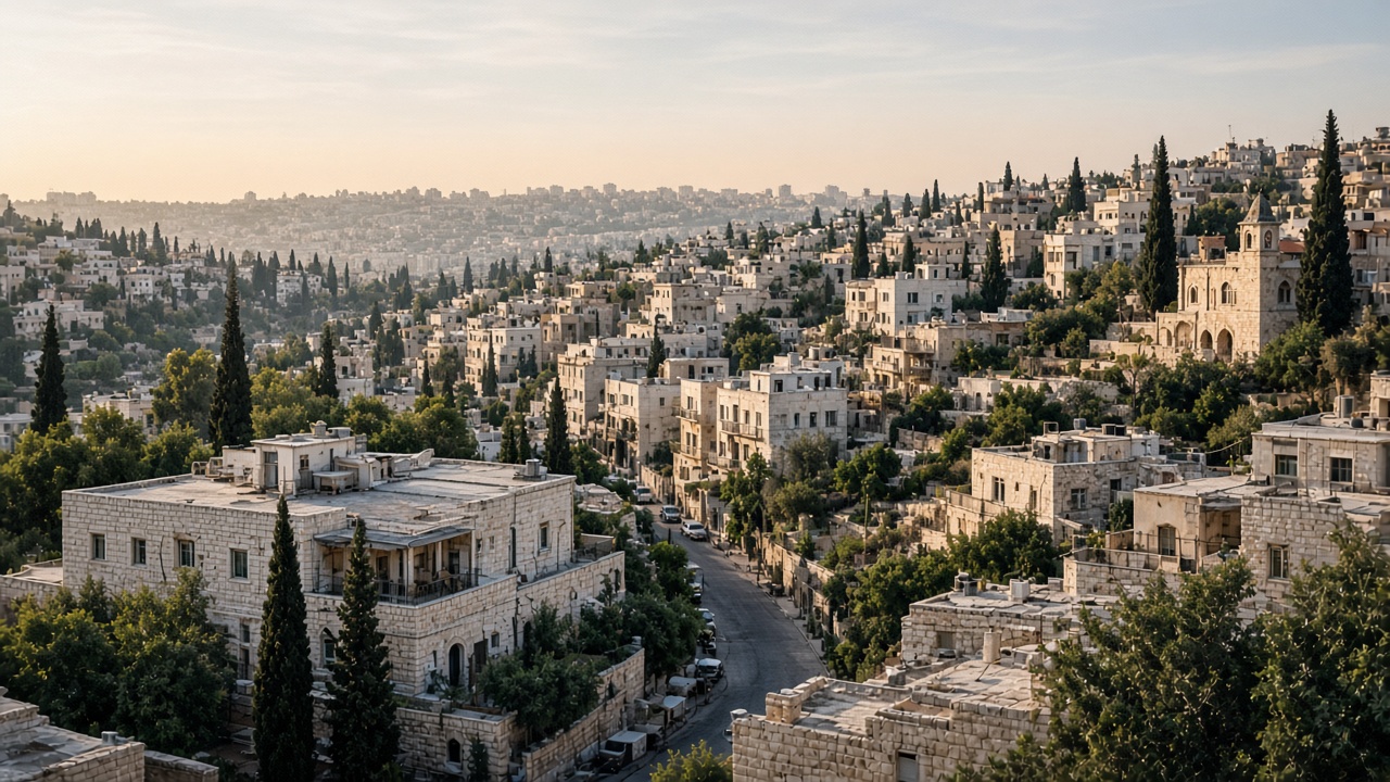 East Jerusalem rooftops and stone buildings in soft afternoon light