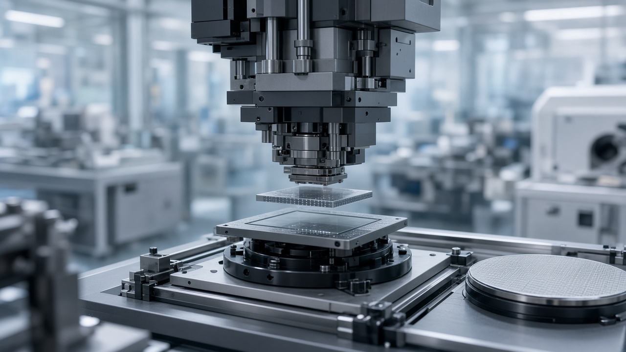 Chip packaging equipment bonding silicon dies in a cleanroom