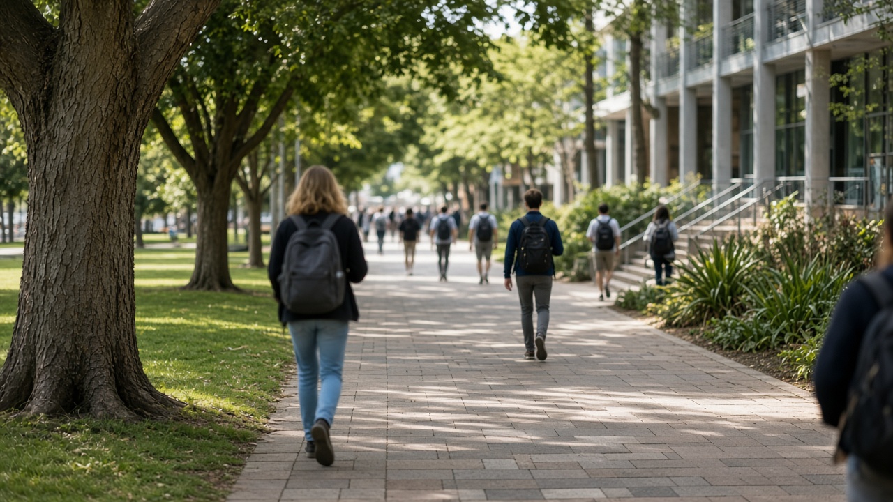 University campus walkway with students carrying backpacks