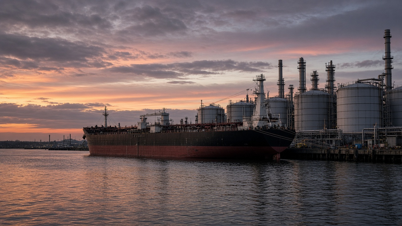 Oil tanker at an industrial port at dusk