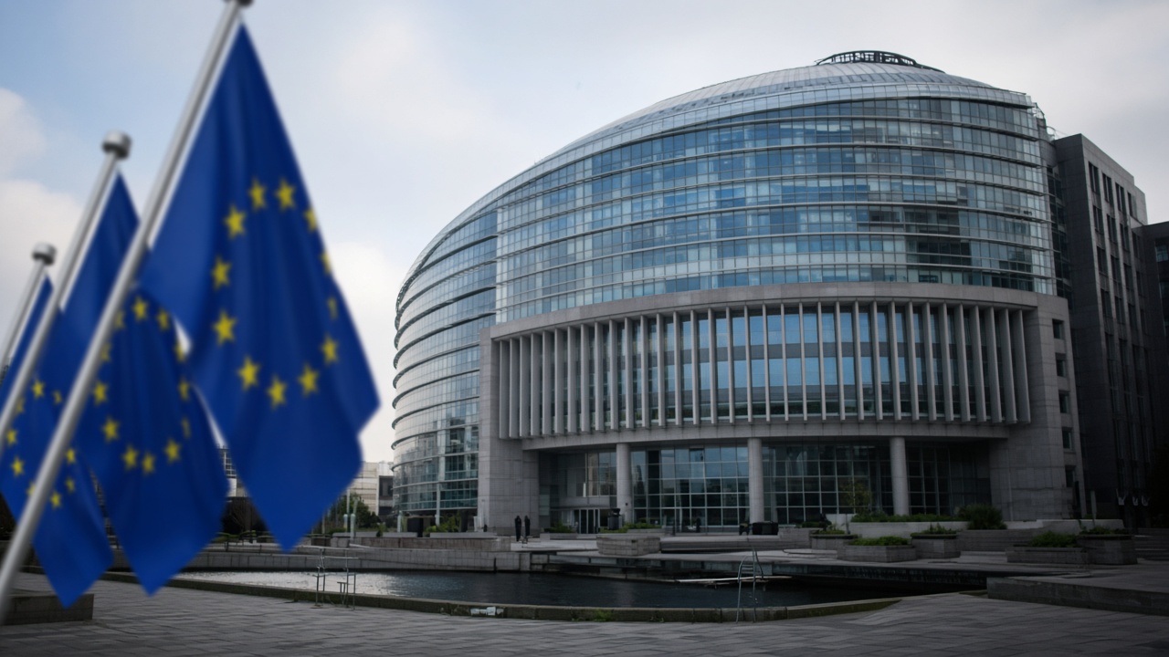 European Parliament exterior with EU flags