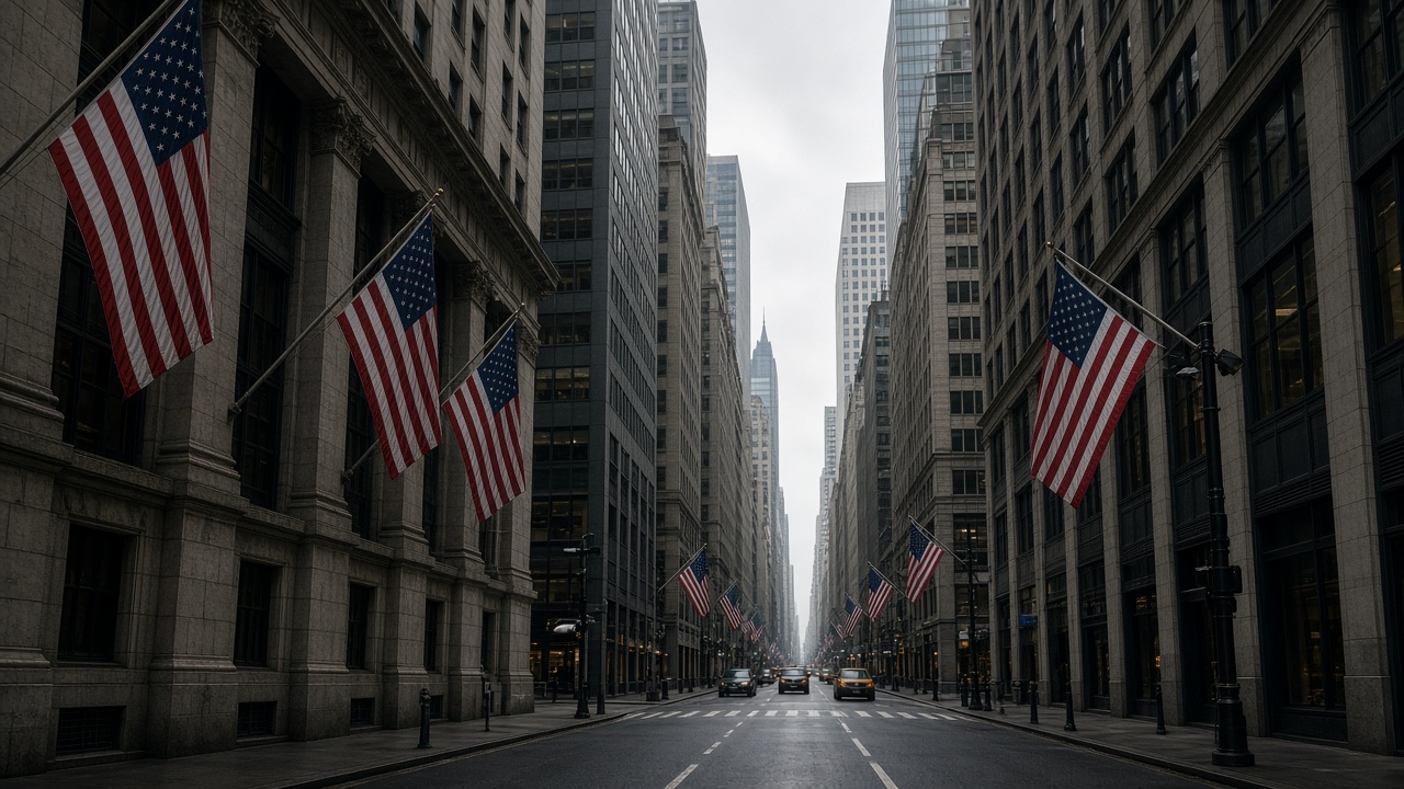 Wall Street skyscraper canyon under overcast sky