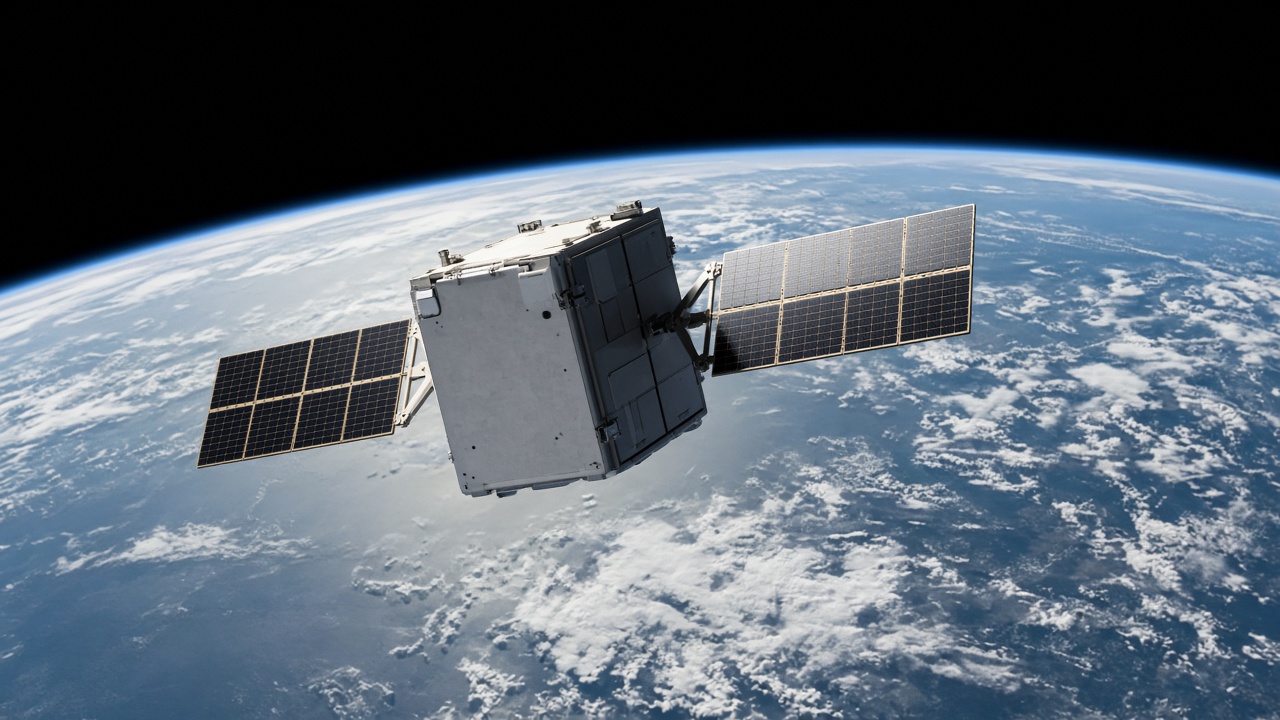Small satellite with solar panels above Earth