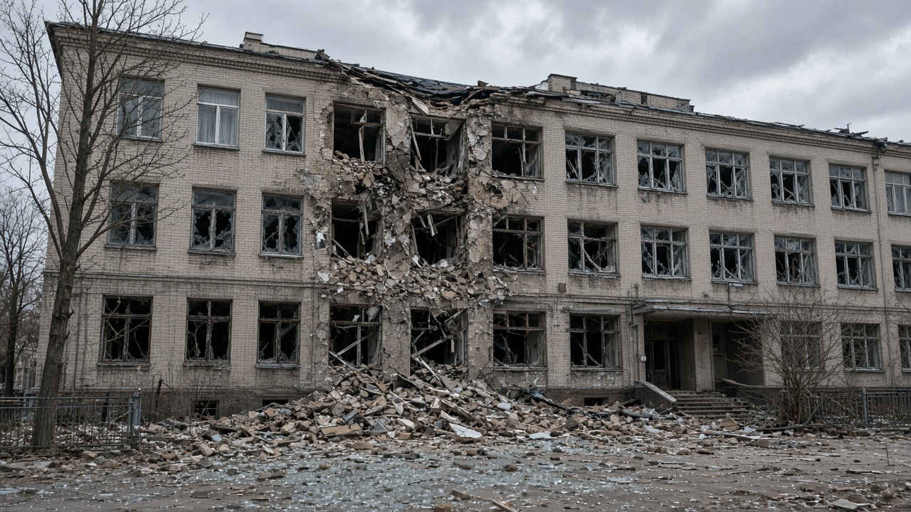 Damaged urban school building with broken windows